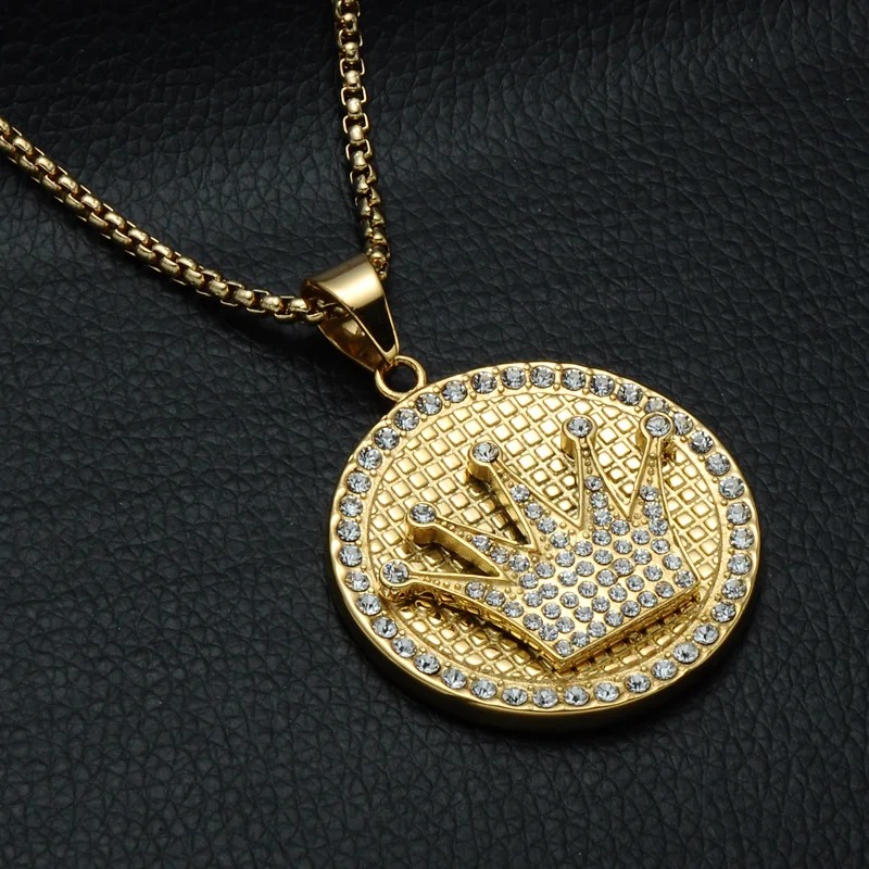 Хип-хоп Bling Iced Out кубическая Корона из циркония Ожерелья титановые из нержавеющей стали круглые ожерелья и подвески для мужчин ювелирные изделия