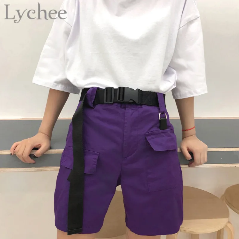 Lychee Harajuku с поясом, фиолетовые, эластичные, с высокой талией, женские, выше колена, Карго, шорты с карманами,, одноцветные, свободные, женские шорты