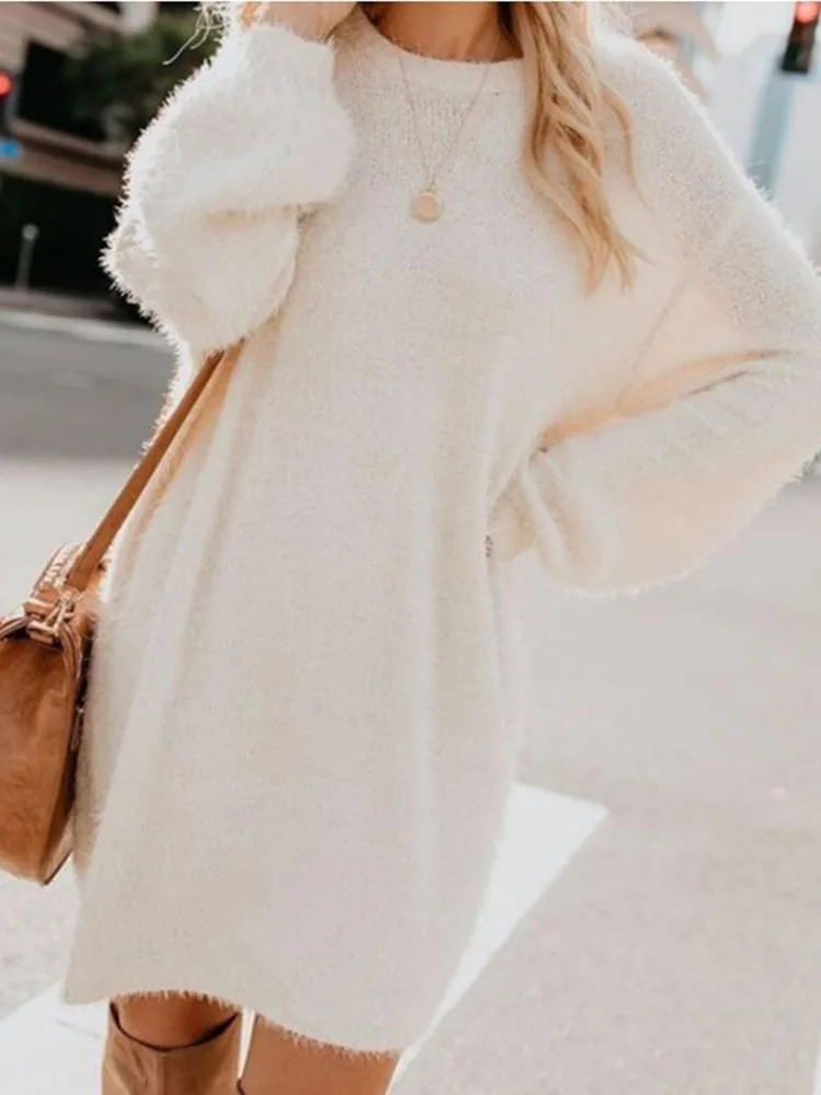 

womens autumn winter Oversized Loose Velvet Turtle Neck Pullover Hairy Long Sweater dress Long Sleeved Shirts Rabbit Dress Plush