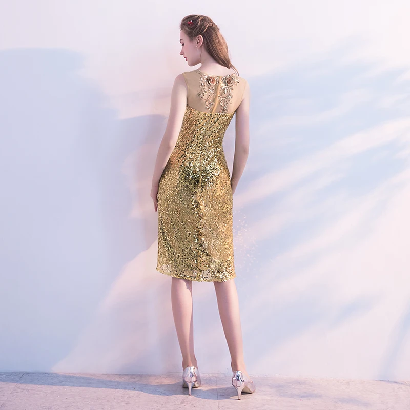 Ssyfashion Новый банкет Роскошные короткое вечернее платье с золотыми блестками без