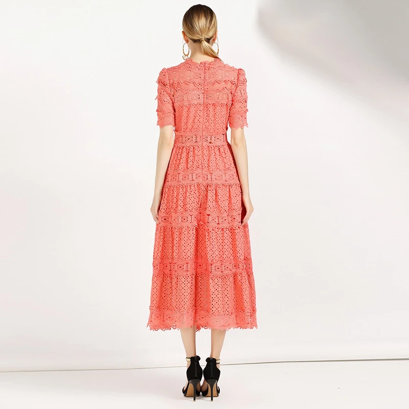 2019 Весна Высокое качество женское платье оранжевый/белый кружева выдалбливают