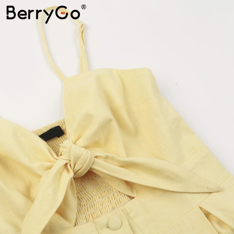BerryGo Открытое платье миди на бретелях, женские платья, повседневное летнее платье с открытой спиной, женское платье с бантом на пуговицах, весна, vestidos