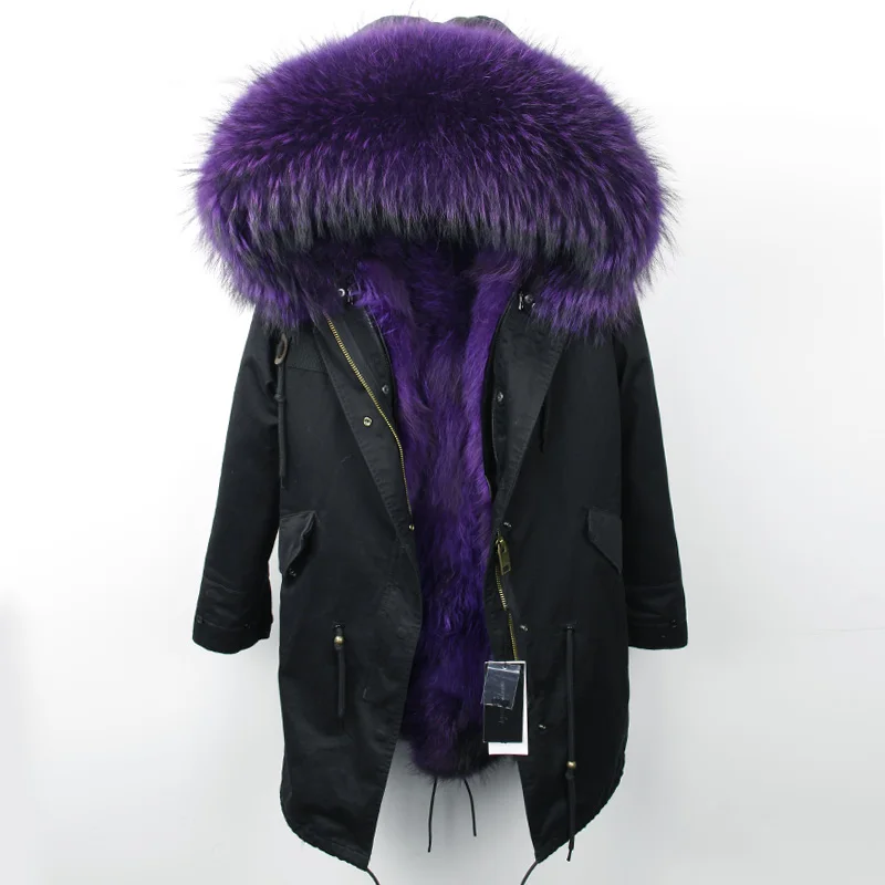 black purple Пальто с натуральным мехом, длинная парка, верхняя одежда, новая мода, натуральный мех енота, воротник из лисьего меха, зимняя куртка, женская верхняя одежда, новинка - Цвет: black purple