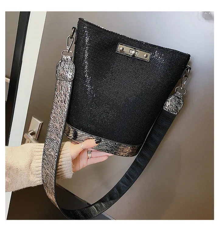Fashion Luxurious female Korean Sequin Bling Black Bag shoulder Bucket bag Designer Ladies Crossbody Messenger Bags B42-29