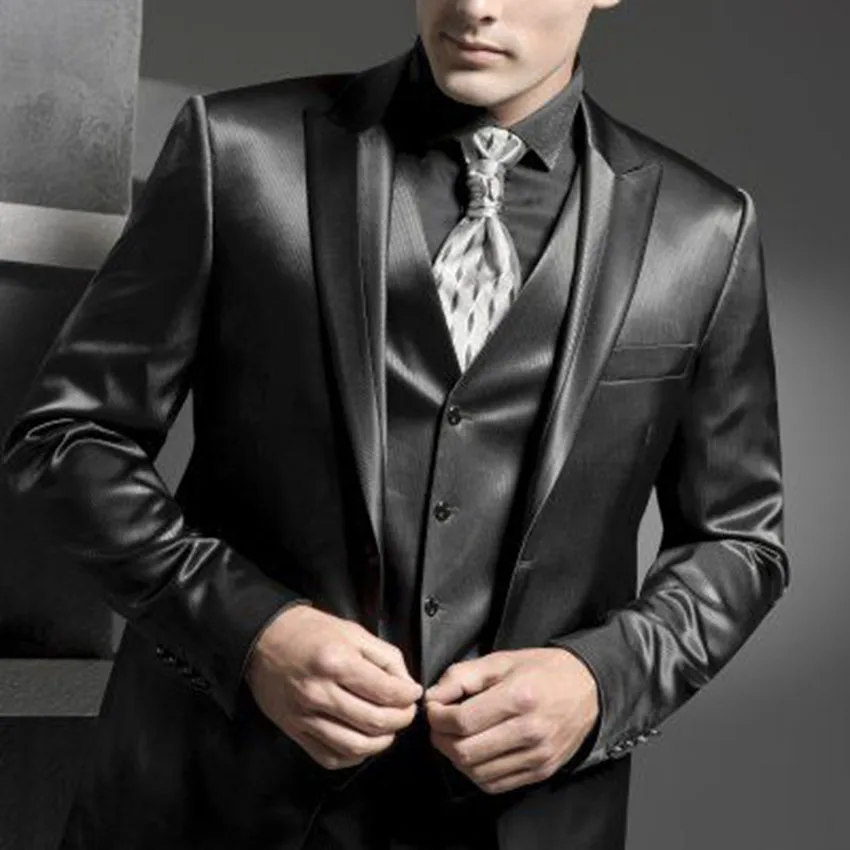 

Shiny Charcoal Grey Tuxedo Custom Made Wedding Groom Suit Shiny ,Bespoke Glossy Grey 3-Piece Suit,Terno De Noivo Brilhoso