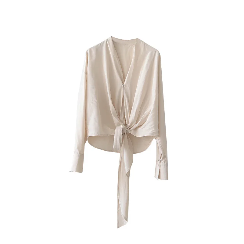 

Twist Front Top Women Tie Back V Neck Long Sleeved Lyocell Shirt Fashion
