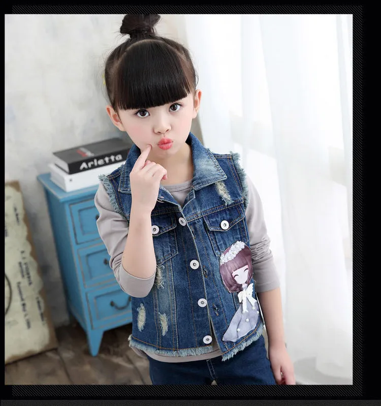 Spring and Autumn Cool Children's Wear Cotton Children Denim Vest Jacket Beads Cartoon Pattern Embroidered Lapel Jacket4-7Y | Детская
