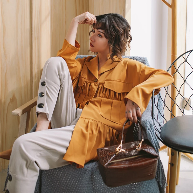 GALCAUR Vintage Ruched Blazer For Women Lapel Collar Long Sleeve Large Size Coat Female Fashion Clothing Summer New