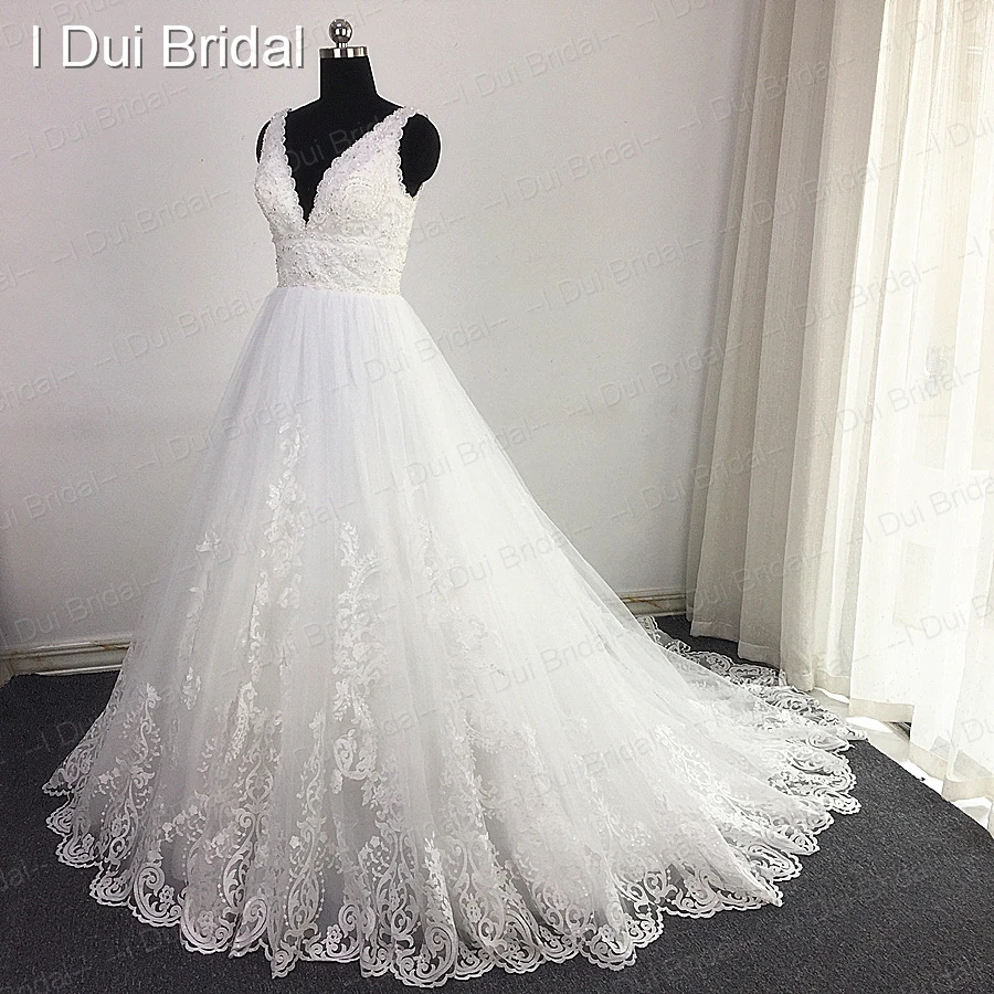 V Neck Lace Beaded Wedding Dress Big A Line Empire High Quality Sequin Lace Bridal Gown