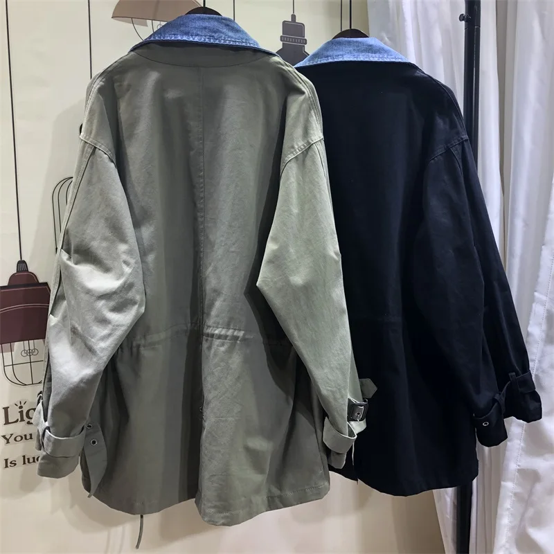 Новинка, корейское длинное пальто на весну и осень, Harajuku, с отложным воротником, с длинными рукавами, джинсовая куртка трапециевидной формы, женское корейское пальто