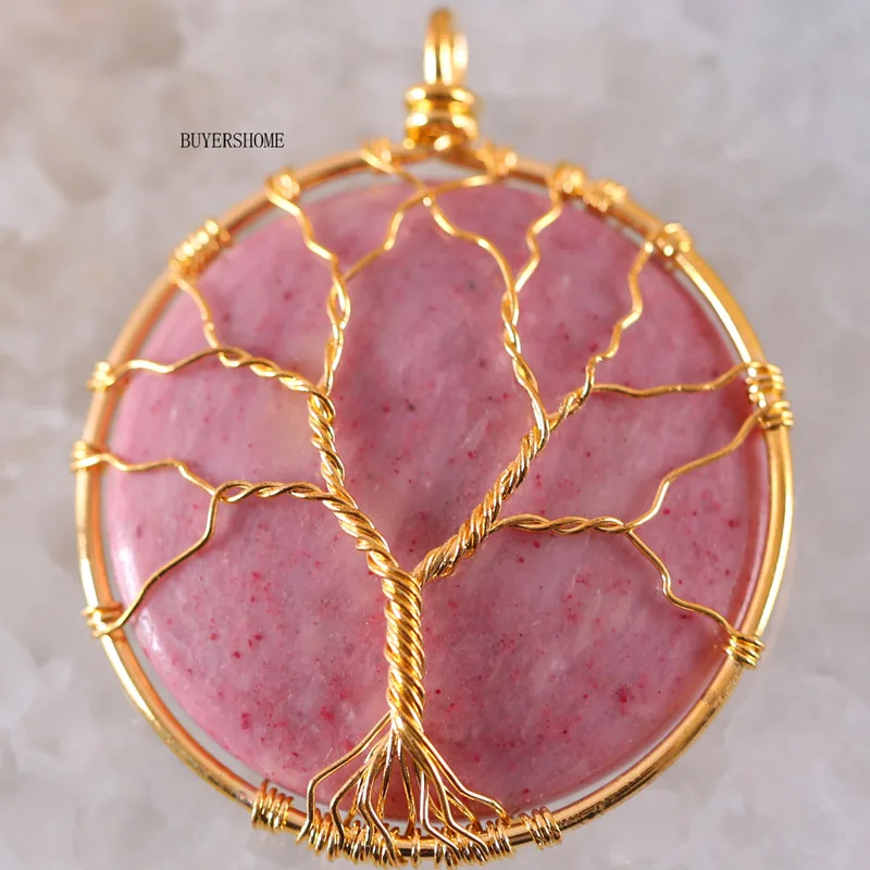 Pink Rhodonite "Древо жизни" проволочный обруч медь натуральный круглый Абалон раковина Опал Кристалл зеленый авантюрин оникс Родонит тигровый глаз кулон 1 шт - Окраска металла: Pink Rhodonite