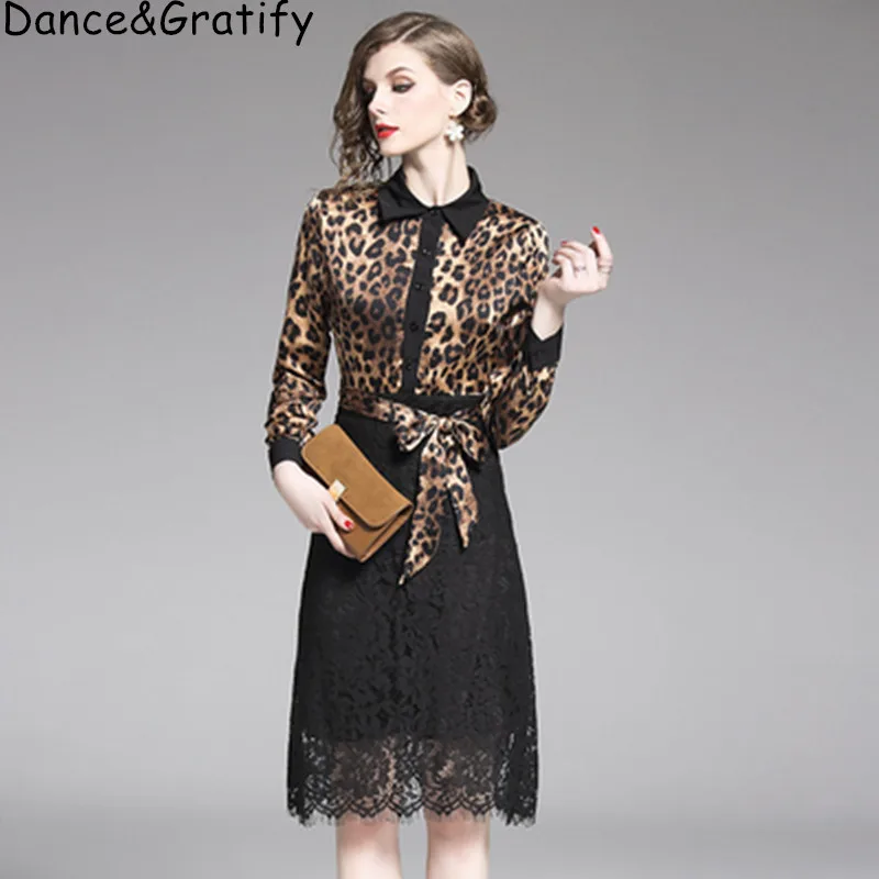 Женское платье с леопардовым принтом кружевное лоскутное средней длины