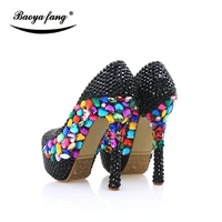 baoyafang womens wedding shoes real leather platform shoes black crystal handmade party dress shoes high heels female shoes