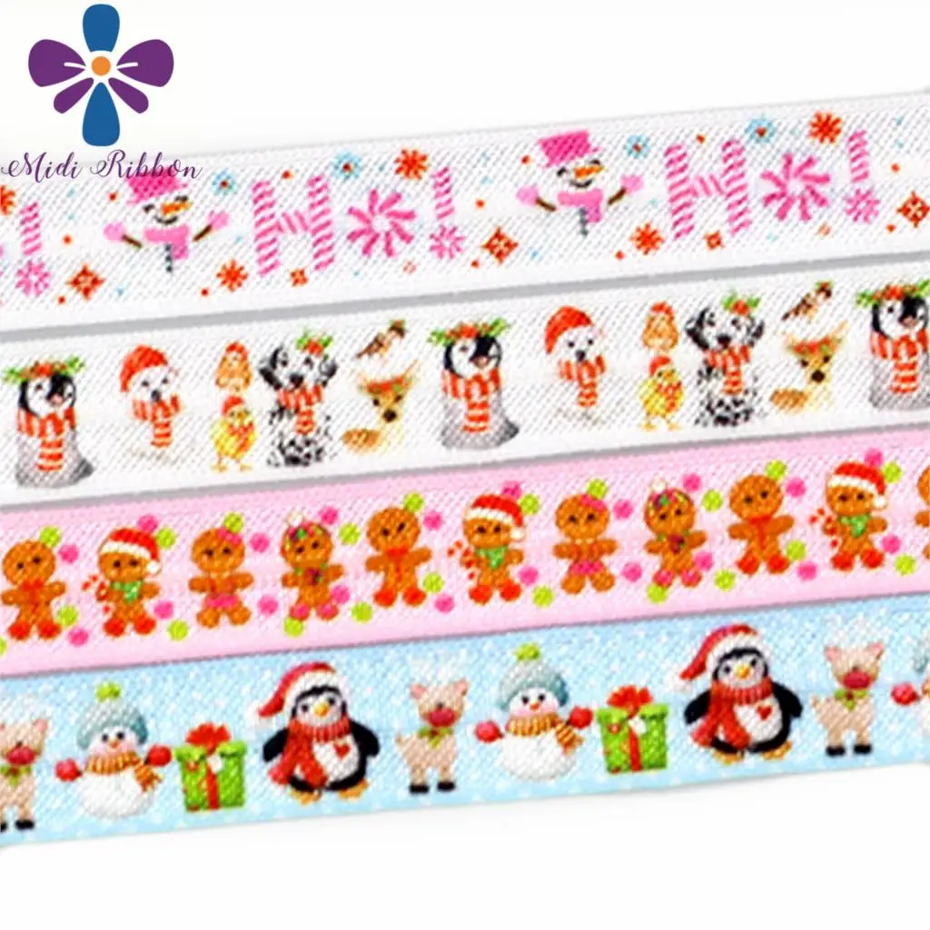 

5/8"16mm Snowman Penguin Cute Dogs Printed Elastic Ribbon DIY Christmas Party Gift Hair Band Making 50yards/roll