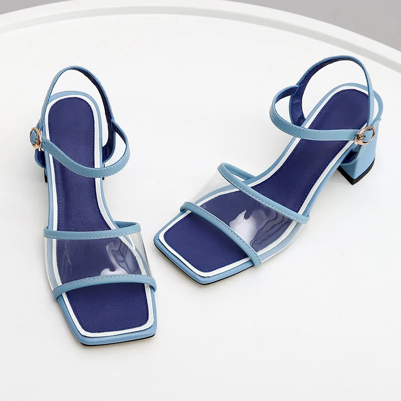 

Сандалии женские на толстом каблуке, прозрачные босоножки из ПВХ, квадратный носок, выразительная однотонная обувь, цвет черный светильник ...