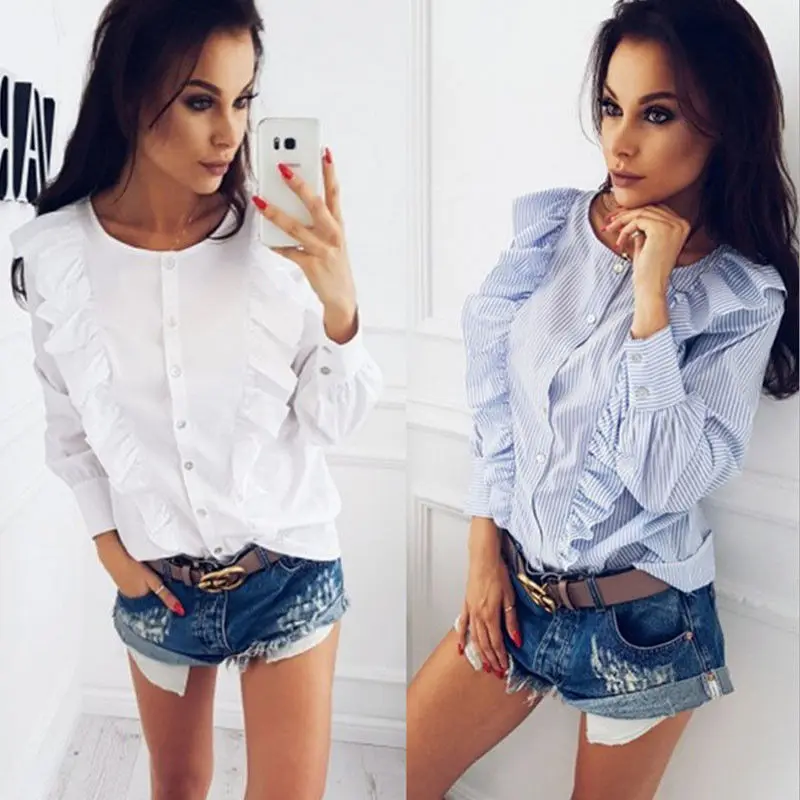 Женская блузка с рюшами и длинным рукавом Новая мода лето 2018 S M L XL|women shirts blouses|blouse