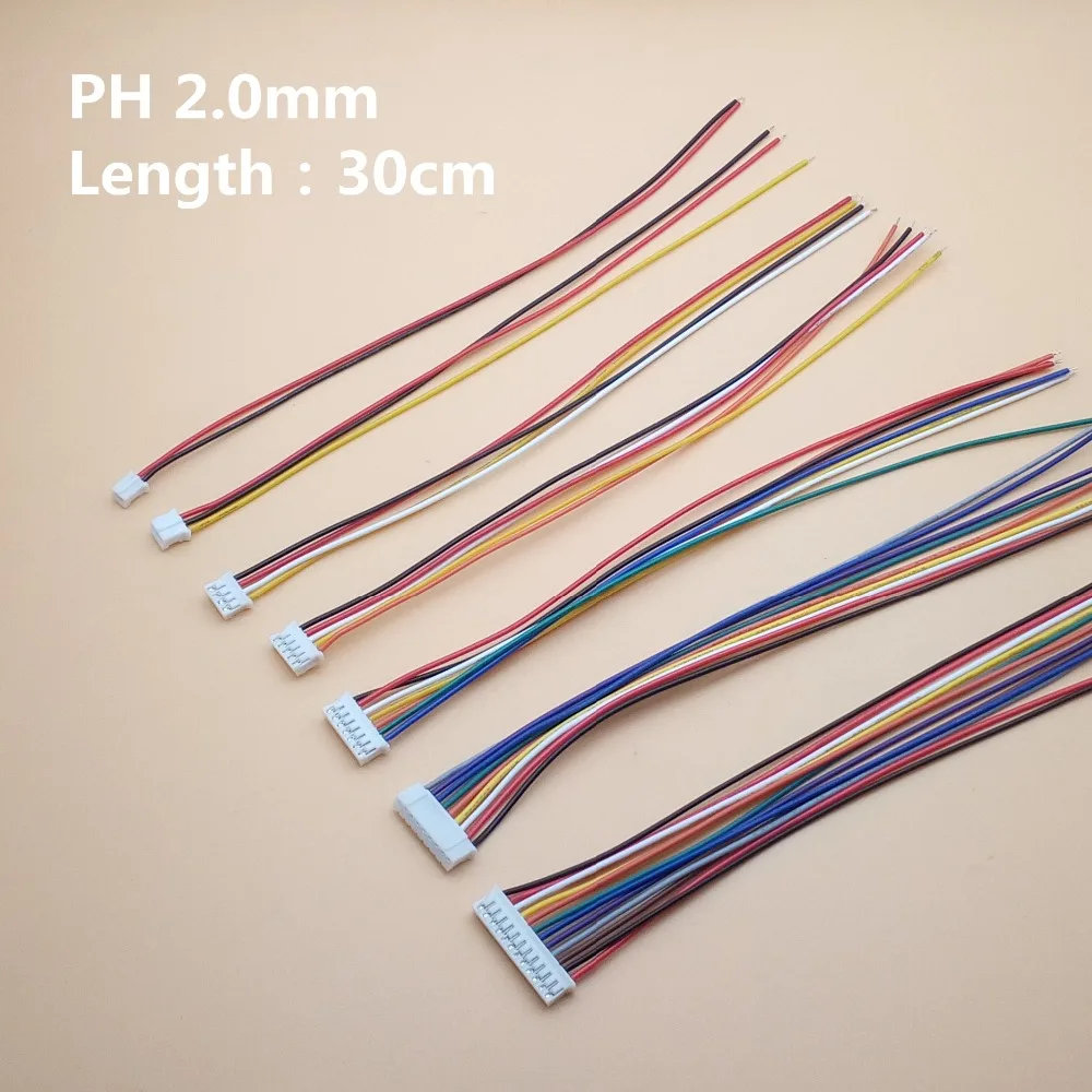 50pcs/lot Mini Micro JST 2.0 PH 2/3/4/5/6/7/8/9/10-Pin Connector Plug with Wires Cables 300MM 26AWG