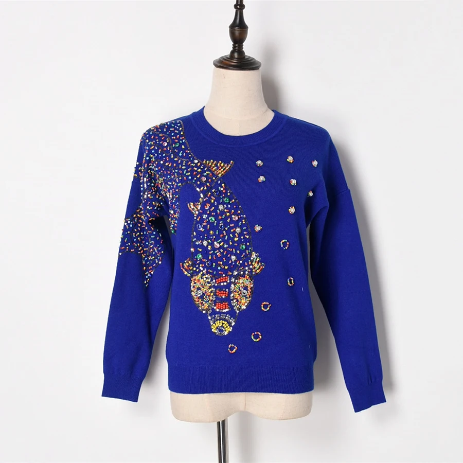 2020 Runway Designer Luxury Autumn Knitted Sweater Women Long Sleeve Fish Hand Beading Brand Sweaters And Pullovers Pull Femme | Женская