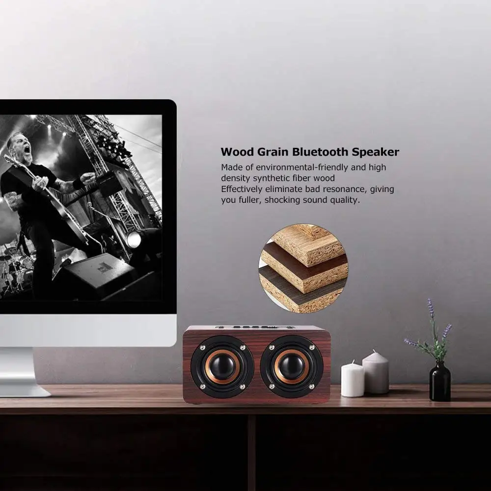 SAGO Wooden Wireless Bluetooth Speaker Hi-Fi Sound Bar With Mic Stereo Music Subwoofer For Samsung S9 Plus/Iphone/Computer/TV |
