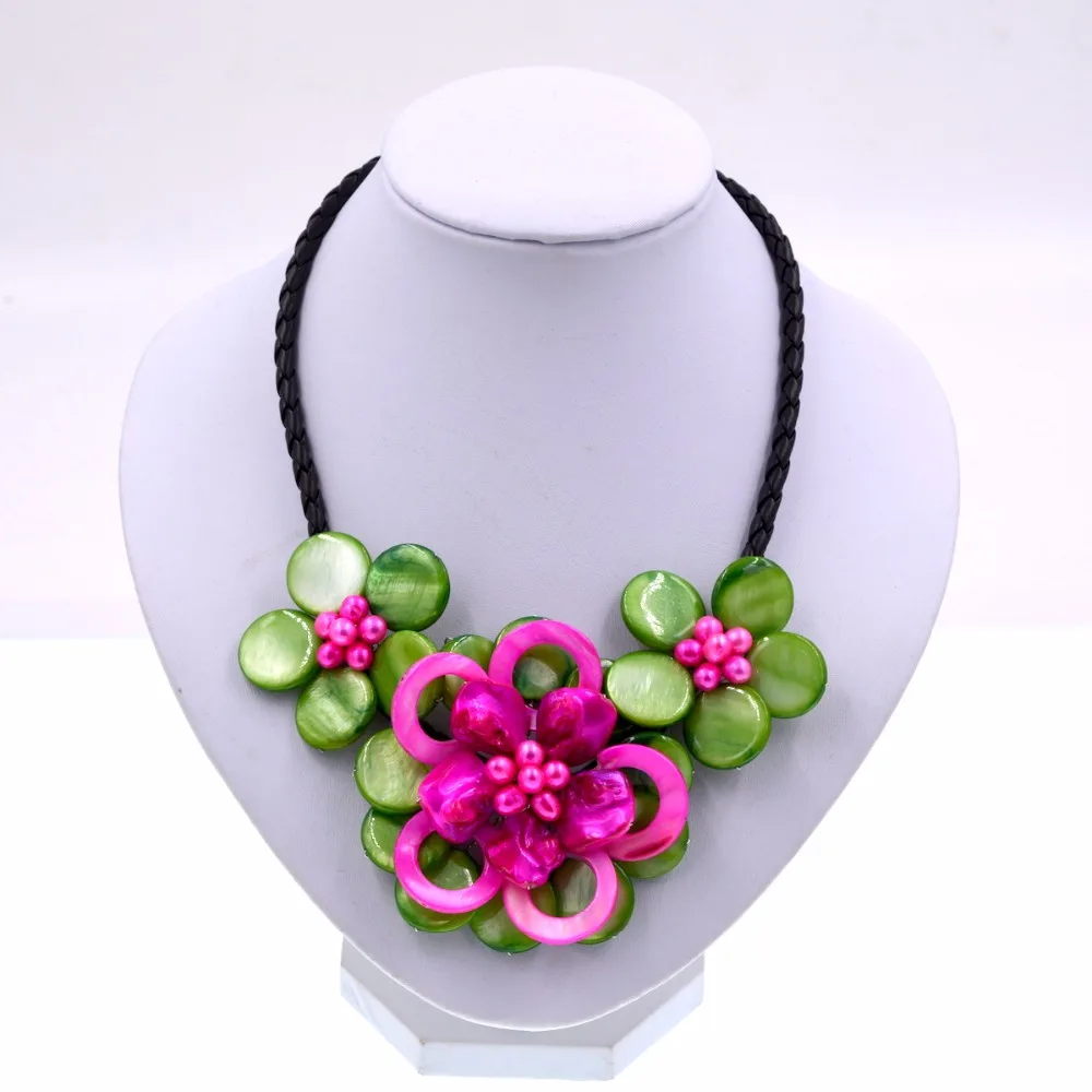 Fashion mother of pearls Green Hot pink mop pearl shell flower necklace | Украшения и аксессуары