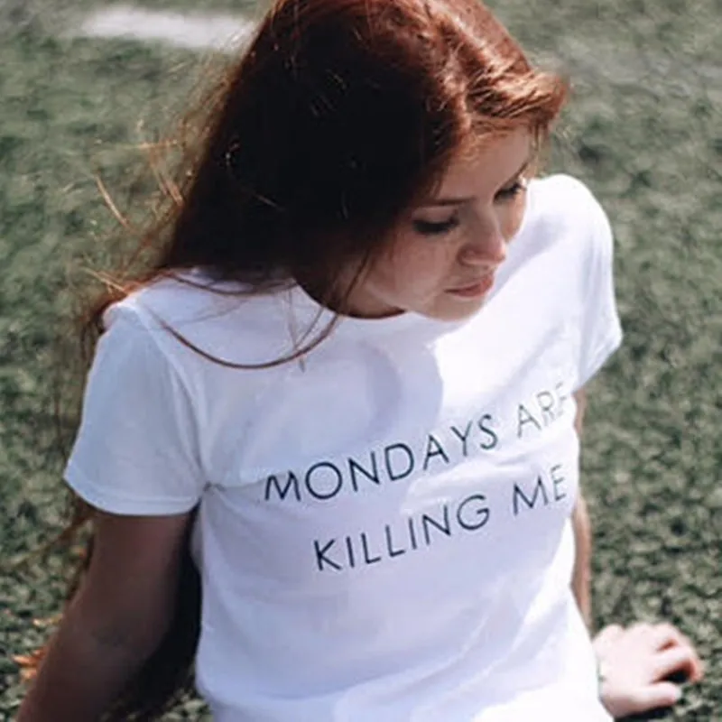 Bazaleas 2017 летняя хлопковая Футболка повседневные женские топы с надписью Monday is killing