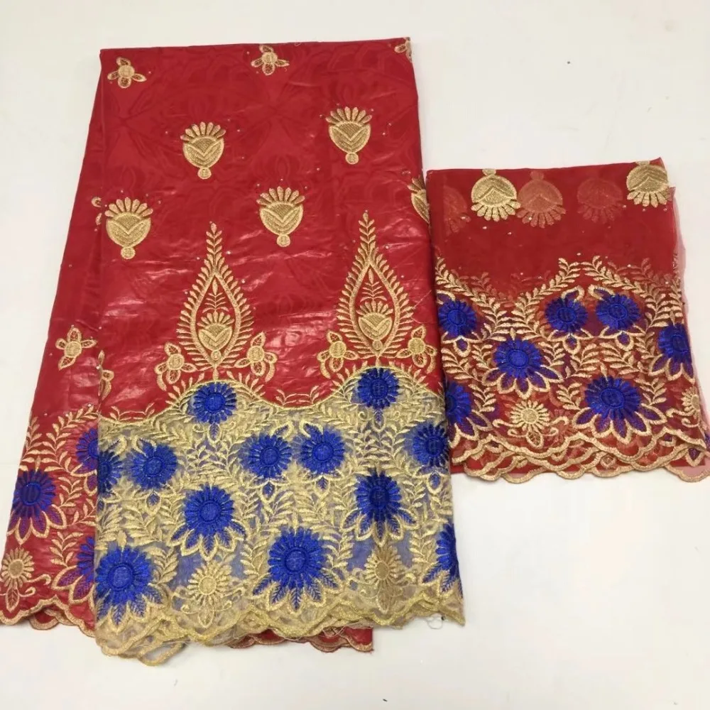 2018 красный 5 + 2 Базен Riche кружева с блузкой африканскими камнями кружевной ткани