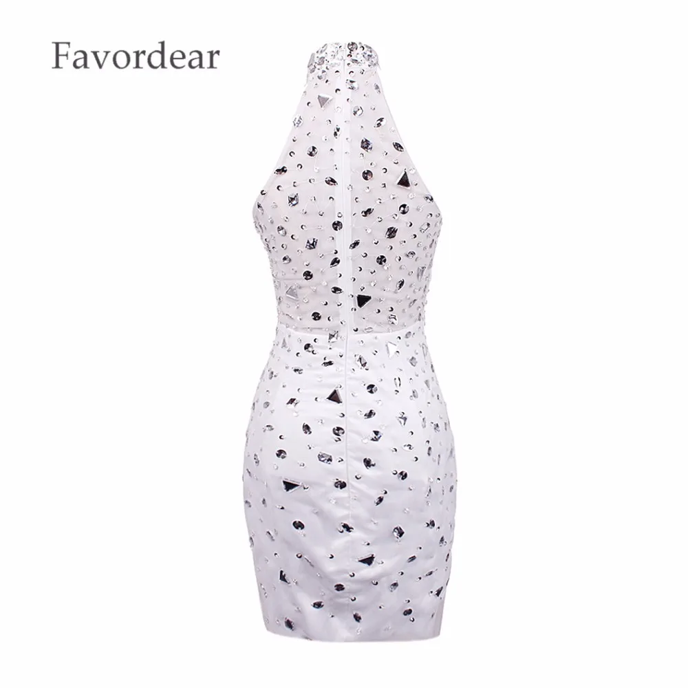 Favordear New Sexy Sheer Back Homecoming Dress Silver Stones Prom Dresses High Neck Sparkly Beading White Cocktail | Свадьбы и