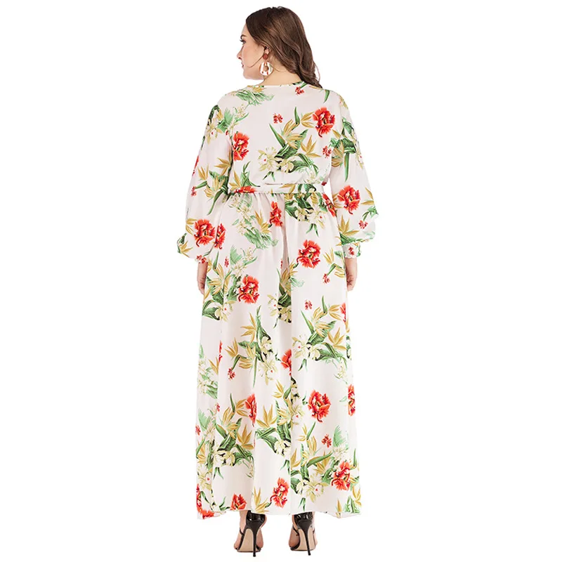 

B&N XL-6XL Floral Print Dress Women Cloth Summer Long Dress Ankle Floor Flower V Neck One Piece Sashes Long Sleeve XXXXXXL Size
