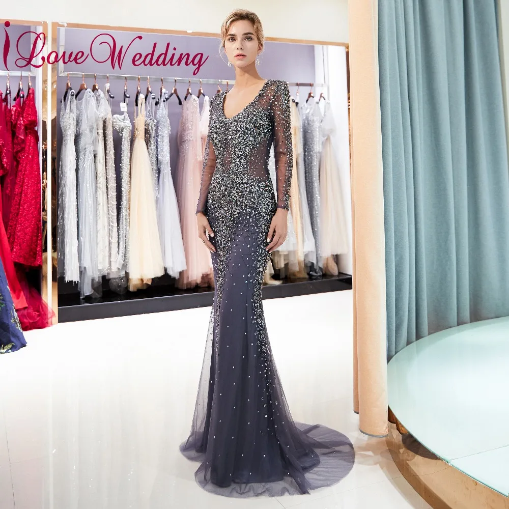 ILoveWedding темно синие пикантные V образным вырезом одежда с длинным рукавом
