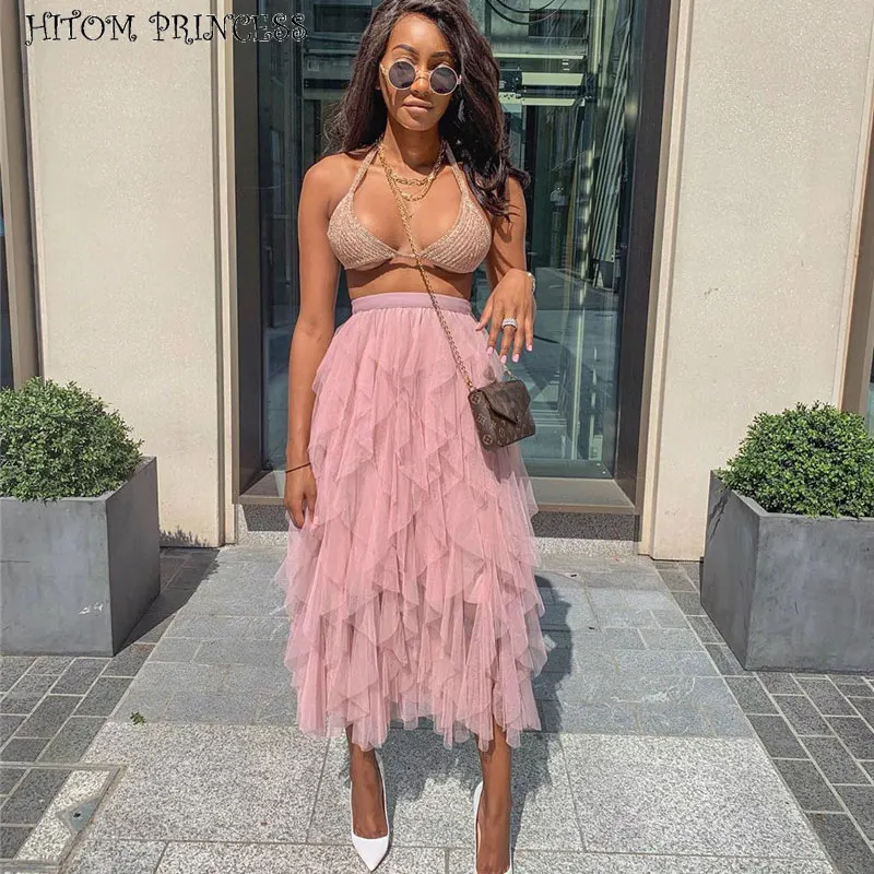 HITOM PRINCESS Fashion Tutu Tulle Skirt Women Long Maxi Skirt Summer High Waist Pleated Skirts Female Jupe Saias
