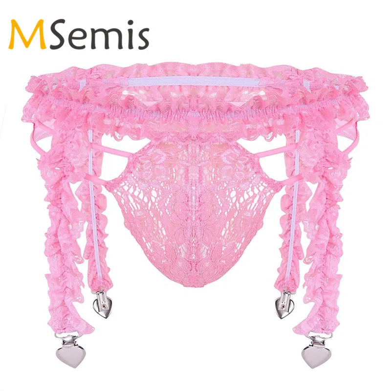Мужское нижнее белье Sissy Комплект подвязок кружевные трусики стринги с рюшами