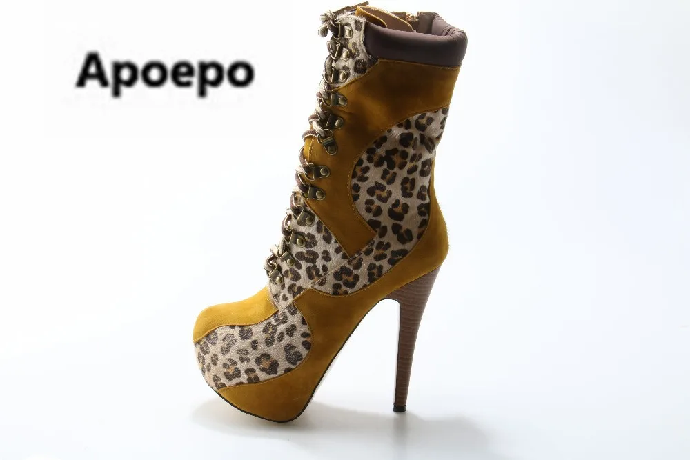 

Женские ботинки с леопардовым принтом, ботильоны на платформе и высоком каблуке 16 см, с круглым носком, на шнуровке, новинка зимы