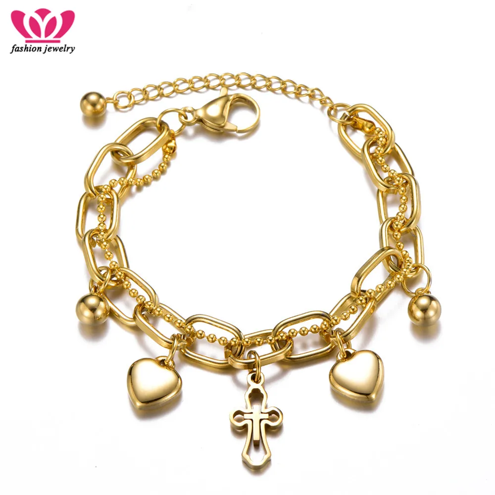 

Vintage Cross Bracelet Stainless Steel Heart Bracelets For Women Gold Multilayer Adjustable Charm Bracelet Fashion Jewelry Gifts