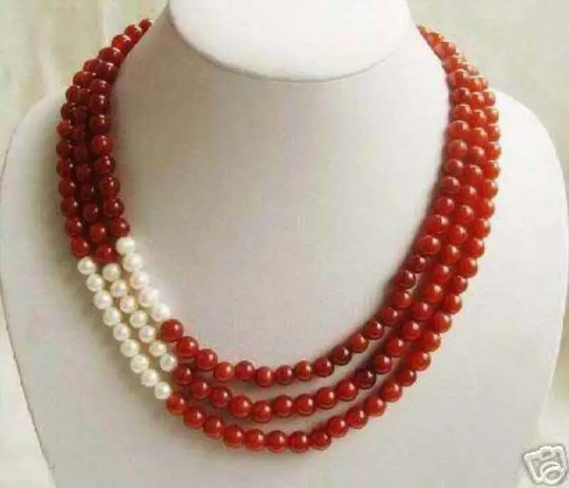 Fashion beautiful 3 Row necklace for women wedding party gift 8mm red stone jades chalcedony white pearl 17-19inch BV24 | Украшения и