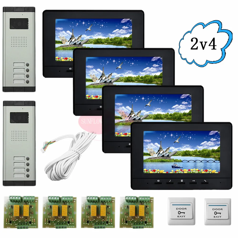 Инфракрасная CCD камера на 2 двери с 4 кнопками для четырех квартир цветная 7 дюймов