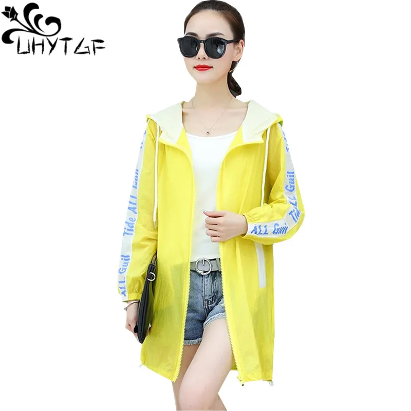 UHYTGF Oversized Womens summer tops coat Casual hooded sun protection clothing Loose breathable thin coats elegant bike top 1471 | Женская