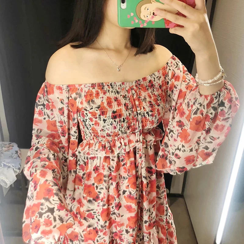 Новое богемное женское красное шифоновое платье с цветочным принтом лето 2019