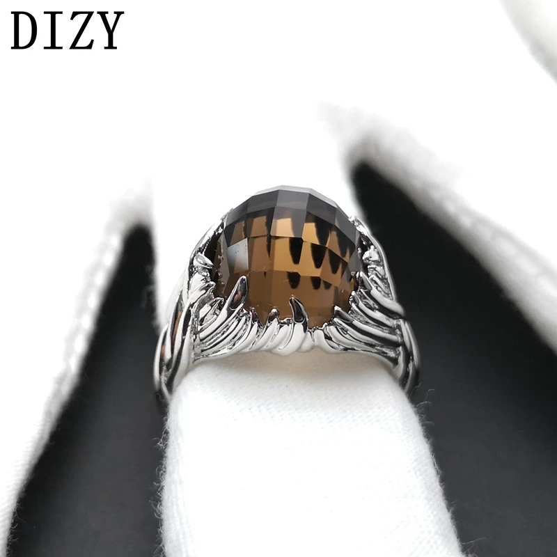 DIZY круглая доска 7.8Ct кольцо с дымчатым кварцем 925 пробы Серебряное кольцо с драгоценным камнем для женщин подарок Свадебные ювелирные изделия, обручальное кольцо