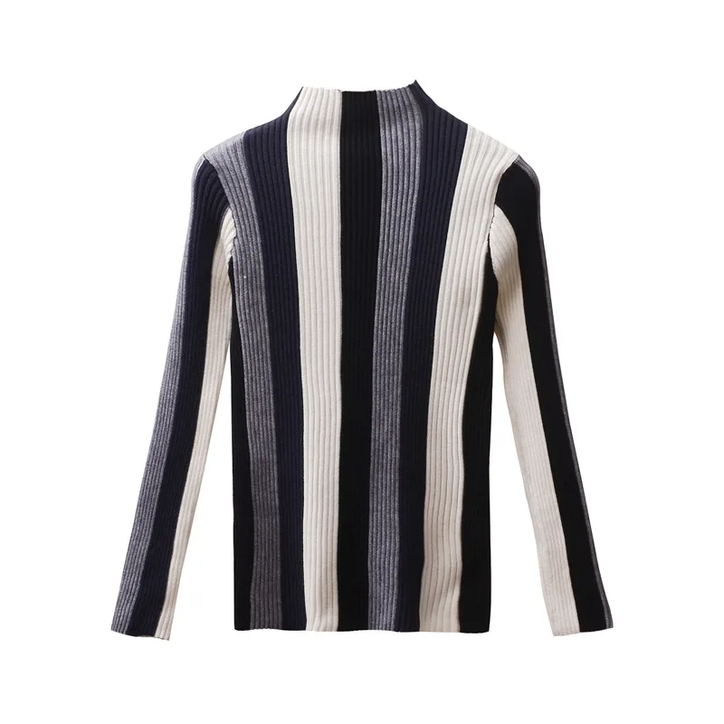 2018 Women Vertical Striped Patchwork Sweater Autumn Winter Turtleneck Long Sleeve Knitted Cool Pullovers Tops Korean | Женская одежда