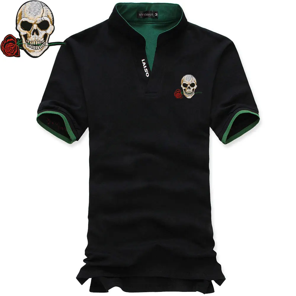 Short-Black Летняя рубашка поло с коротким рукавом, Мужская Однотонная футболка с изображением розового черепа, трикотажные изделия с вышивкой, крутые мужские рубашки поло, рубашки для мужчин, большие размеры - Цвет: Short-Black