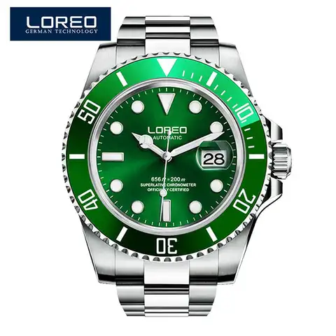 LOREO серии Green Water Ghost Роскошные Мужские автоматические часы из нержавеющей стали для дайвинга 200 м водонепроницаемые светящиеся механические...
