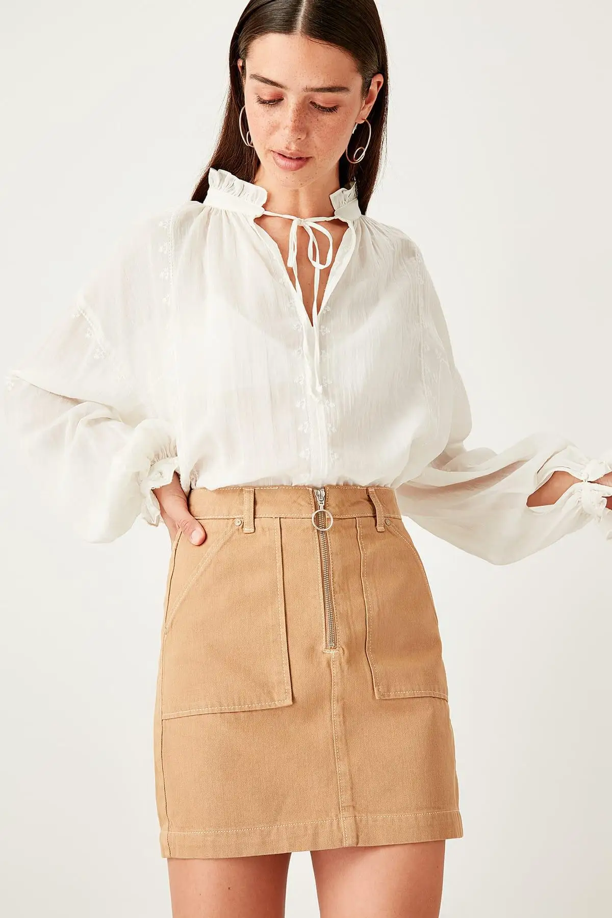 Trendyol Taba джинсовая мини юбка на молнии TWOSS19ET0083|Женские юбки| |