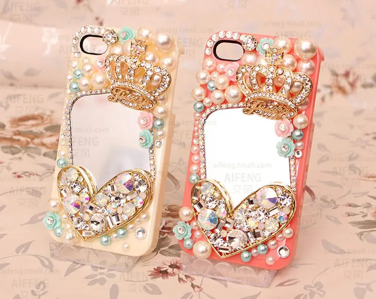 3D Bling Crystal Pearl Crown Heart Cabochon with Mirror Flatback DIY Phone Case Deco Den Kit |