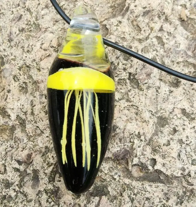 

Vintage Yellow JELLYFISH Hand Blown Black Drop Glass necklace
