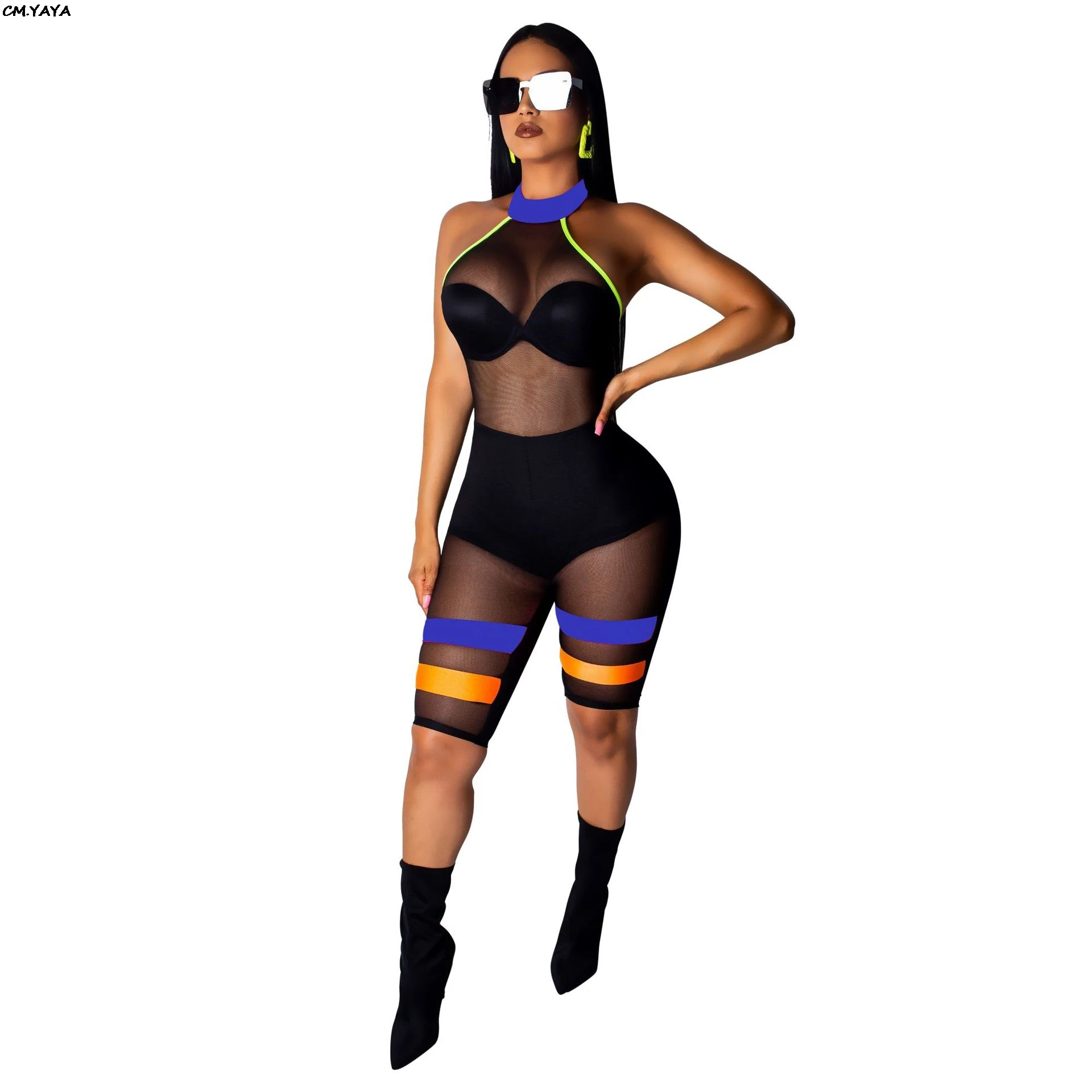 2019 Women summer halter neck sleeveless mesh see though splicing skinny knee length jumpsuit club party romper playsuit SMR9266 |