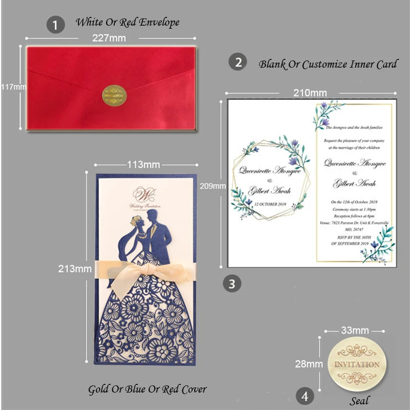 50pcs Laser Cut Wedding Invitations Card Bride And Groom Print Greeting Cards With Ribbon Decoration Party Supplies | Дом и сад
