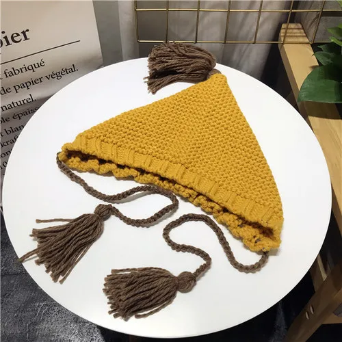 Цвет: желтый Зимние шапки Skullies Beanies для женщин Harajuku милые девушки кисточкой оплетка теплые черепа сплошной цвет шнуровка вязанные шапки-бобы - Цвет: Цвет: желтый