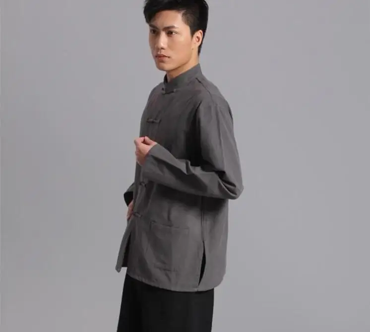 Китайский с длинным рукавом Хлопок Стиль Мужская Кунг-Повседневная рубашка