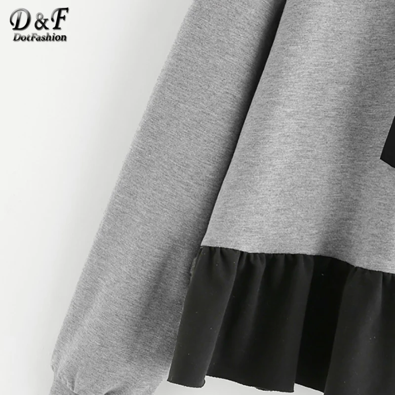 Dotfashion/женская трикотажная толстовка с серым узлом и оборками на подоле; коллекция года; сезон осень; Повседневная Толстовка с капюшоном и длинным рукавом; элегантный дизайн; милый свитер; пуловер