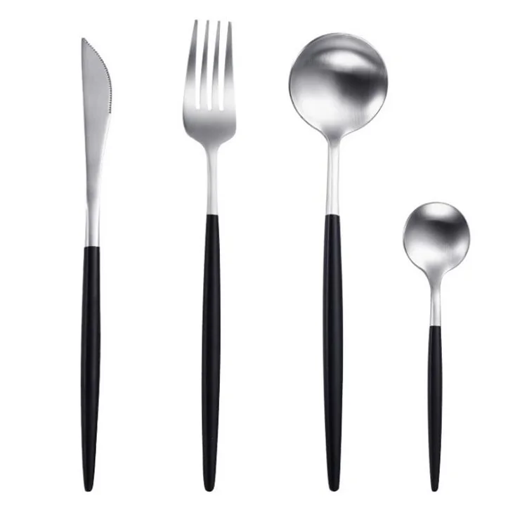 silver 4pcs set 1 Португалия с острым концом Набор столовых приборов черная ручка набор столовых приборов Золото Серебро Цвет Западная посуда вилка, нож, ложка палочки для еды - Цвет: silver 4pcs set 1